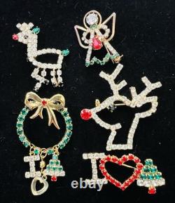 Vintage 52 Pc Prong Set Rhinestone Christmas Brooch Lot TREE Santa SNOWMAN Bells