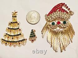 Vintage 52 Pc Prong Set Rhinestone Christmas Brooch Lot TREE Santa SNOWMAN Bells