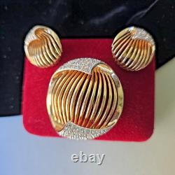 Vintage 60s Boucher Numbered Gold Plated Glass Rhinestones Brooch Earrings Set
