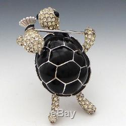 Vintage 60s Ciner Rhinestone Black Enamel Figural Turtle Hobo Pin Brooch