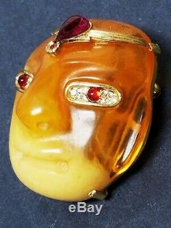 Vintage 70's KJL Pre-Columbian OLMEC Mask Pendant Brooch Faux Butterscotch Amber