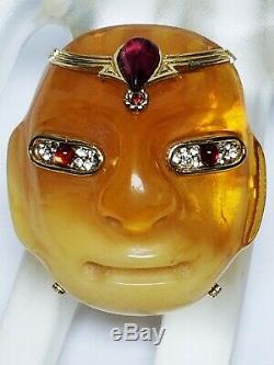 Vintage 70's KJL Pre-Columbian OLMEC Mask Pendant Brooch Faux Butterscotch Amber