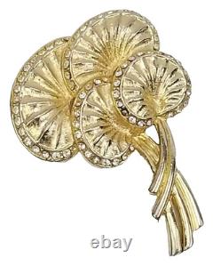 Vintage 70's Palm Leaf Gold Tone Rhinestone Brooch Pin 2.5 Water Lily