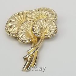 Vintage 70's Palm Leaf Gold Tone Rhinestone Brooch Pin 2.5 Water Lily