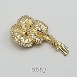 Vintage 70's Palm Leaf Gold Tone Rhinestone Brooch Pin 2.5 Water Lily