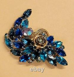 Vintage AB BLUE RHINESTONE Guilded BROOCH Pin