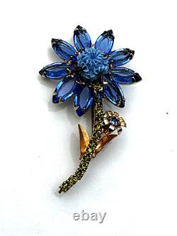 Vintage ALICE CAVINESS BLUE GREEN Rhinestones STEMMED FLOWER 2.75 Brooch Pin EU