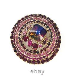 Vintage ALICE CAVINESS Dome Brooch Rivoli Pink Red Purple Rhinestone Pin