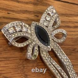 Vintage ART DECO Silver Tone POT METAL Rhinestone Bow Brooch Pin Huge 3.5