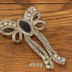 Vintage ART DECO Silver Tone POT METAL Rhinestone Bow Brooch Pin Huge 3.5