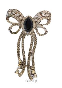 Vintage ART DECO Silver Tone POT METAL Rhinestone Bow Brooch Pin Huge 3.5