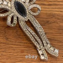 Vintage ART DECO Silver Tone POT METAL Rhinestone Bow Brooch Pin Huge 3.5