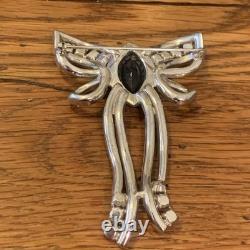 Vintage ART DECO Silver Tone POT METAL Rhinestone Bow Brooch Pin Huge 3.5