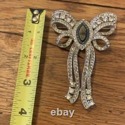 Vintage ART DECO Silver Tone POT METAL Rhinestone Bow Brooch Pin Huge 3.5