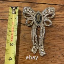 Vintage ART DECO Silver Tone POT METAL Rhinestone Bow Brooch Pin Huge 3.5