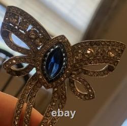 Vintage ART DECO Silver Tone POT METAL Rhinestone Bow Brooch Pin Huge 3.5