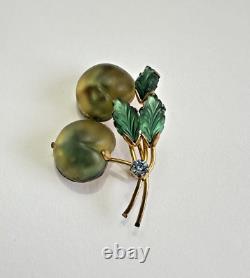 Vintage AUSTRIA Signed Frosted Molded Glass Fruit Leaf Brooch Pin