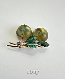 Vintage AUSTRIA Signed Frosted Molded Glass Fruit Leaf Brooch Pin