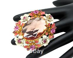 Vintage AUSTRIA Signed Pink/Peach Glass & Rhinestone White Enamel Flower Brooch