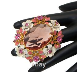 Vintage AUSTRIA Signed Pink/Peach Glass & Rhinestone White Enamel Flower Brooch