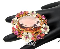 Vintage AUSTRIA Signed Pink/Peach Glass & Rhinestone White Enamel Flower Brooch