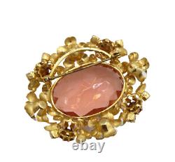 Vintage AUSTRIA Signed Pink/Peach Glass & Rhinestone White Enamel Flower Brooch