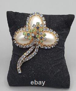 Vintage Abstract Faux Pearl Egg Brooch Pin Blue Green Rhinestone High End Estate