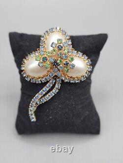 Vintage Abstract Faux Pearl Egg Brooch Pin Blue Green Rhinestone High End Estate