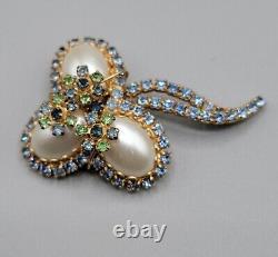 Vintage Abstract Faux Pearl Egg Brooch Pin Blue Green Rhinestone High End Estate