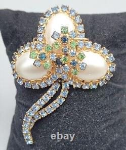 Vintage Abstract Faux Pearl Egg Brooch Pin Blue Green Rhinestone High End Estate