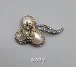 Vintage Abstract Faux Pearl Egg Brooch Pin Blue Green Rhinestone High End Estate