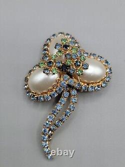 Vintage Abstract Faux Pearl Egg Brooch Pin Blue Green Rhinestone High End Estate