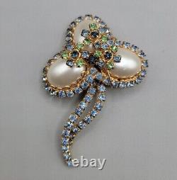 Vintage Abstract Faux Pearl Egg Brooch Pin Blue Green Rhinestone High End Estate