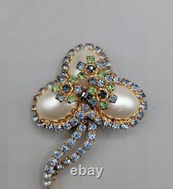 Vintage Abstract Faux Pearl Egg Brooch Pin Blue Green Rhinestone High End Estate