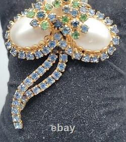 Vintage Abstract Faux Pearl Egg Brooch Pin Blue Green Rhinestone High End Estate