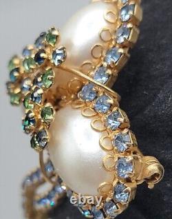 Vintage Abstract Faux Pearl Egg Brooch Pin Blue Green Rhinestone High End Estate