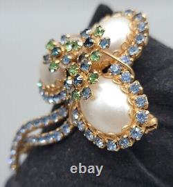Vintage Abstract Faux Pearl Egg Brooch Pin Blue Green Rhinestone High End Estate