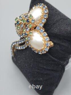 Vintage Abstract Faux Pearl Egg Brooch Pin Blue Green Rhinestone High End Estate