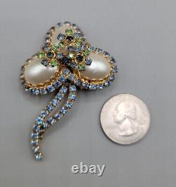 Vintage Abstract Faux Pearl Egg Brooch Pin Blue Green Rhinestone High End Estate