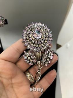 Vintage Alexandrite Rhinestone Signed Vendome Flower Pin Brooch Earring Set