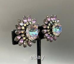 Vintage Alexandrite Rhinestone Signed Vendome Flower Pin Brooch Earring Set