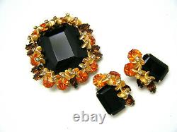Vintage Alice Caviness Black Glass Orange Rhinestone Brooch Earring Set GT