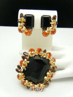 Vintage Alice Caviness Black Glass Orange Rhinestone Brooch Earring Set GT