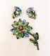 Vintage Alice Caviness Flower Brooch & Earrings Blue AB Green Rhinestone