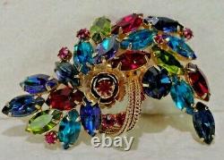 Vintage Alice Caviness Unsigned Teal Pink Green Flower Rhinestone Brooch