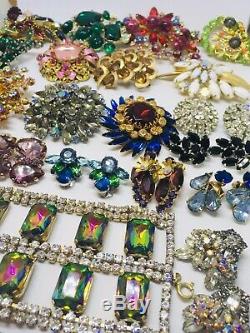 Vintage Amazing Rhinestone Jewelry Lot 22 Pc Brooch Pins Bracelet Earrings
