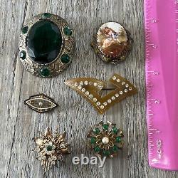 Vintage Antique Victorian Deco Rhinestone Brooch Lot Pin Jewelry Green Glass