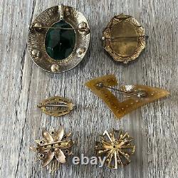 Vintage Antique Victorian Deco Rhinestone Brooch Lot Pin Jewelry Green Glass
