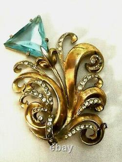 Vintage Aqua Blue Rhinestone Triangle Swirled Dimensional Flower Brooch
