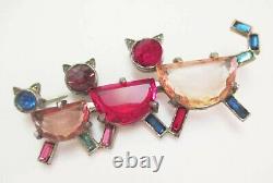 Vintage Art Deco Czech 3 Cats Pin Brooch Open Back Glass Rhinestones Multi Color